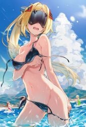 ai_generated almost_naked bikini bikini_bottom_removed bikini_top_removed cloudy_sky daytime embarrassed_female no_eyes people_in_background raaicave sky_background trigger_(zenless_zone_zero) zenless_zone_zero
