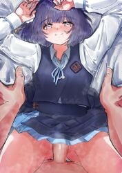 1boy bed_sheet blue_overskirt blue_ribbon blue_skirt blue_vest blush censored clothed_female_nude_male female gakuen_idolmaster hataya_misuzu hatsuboshi_gakuen_school_uniform highres idolmaster long_sleeves looking_at_viewer lying male mole mole_under_mouth mosaic_censoring neck_ribbon nude on_back penis pov pov_crotch pov_eye_contact pov_hands purple_eyes purple_hair ribbon school_uniform shirt short_hair skirt skirt_set smile straight user_rtck8238 vest white_shirt