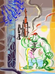 abstract_art absurd_res alligator alligatorid anthro baseball_cap bodily_fluids cagorical cigar clothing crocodilian genital_fluids hairy hat headgear headwear hi_res male male/male peeing prosthetic prosthetic_arm prosthetic_limb reptile scalie smoke smoking solo standing urine
