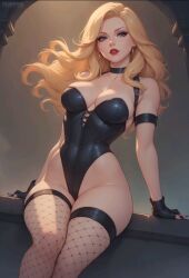 1girls 2025 ai_generated black_canary black_clothing black_leotard black_nails blonde_hair blue_eyes bombshell dc dc_comics deviantart_link dinah_lance earrings female female_only fingerless_gloves fishnet_legwear fishnet_thighhighs fishnets flowerxl gloves highleg highleg_leotard hoop_earrings leotard light-skinned_female low_quality low_res lowres nail_polish pale-skinned_female red_lips red_lipstick solo superheroine thighs
