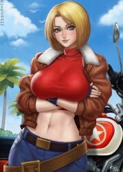 1girls abs belly_button belt big_breasts blonde_hair blue_eyes blue_gloves blue_mary blush bob_cut busty clothed clothing crop_top fatal_fury fatal_fury:_city_of_the_wolves female female_focus female_only fingerless_gloves fully_clothed gloves hi_res high_resolution highres hips hourglass_figure jacket jeans king_of_fighters kof kyopink large_breasts leather_jacket light-skinned_female light_skin lips lipstick makeup medium_hair motorcycle nature nature_background outdoors outside pale-skinned_female pale_skin palm_tree pink_lips pink_lipstick pinup pose posing shoulder_length_hair skimpy skimpy_clothes smile smiling snk solo solo_female solo_focus standing the_king_of_fighters toned toned_female tree tubetop very_high_resolution voluptuous voluptuous_female wide_hips