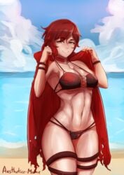 1girls abs absurdres aestheticc-meme bikini breasts cleavage female female_only highres looking_at_viewer red_hair ruby_rose rwby solo