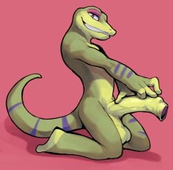 2025 anthro balls big_balls big_penis foreskin gecko genitals gex_(series) gex_the_gecko green_body green_scales grin hand_on_penis hi_res huge_balls huge_cock humanoid_genitalia humanoid_penis jrjresq kneeling lizard male male_only penis pink_background reptile scales scalie simple_background smile smirk solo striped_body striped_scales stripes