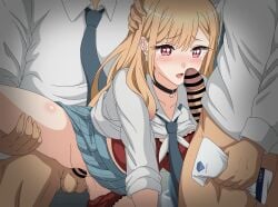 2boys :o bar_censor bathroom black_choker blonde_hair blue_necktie blue_skirt blush bra breasts censored choker clothes_lift earrings eufoniuz female hand_on_another's_head highres imminent_fellatio jewelry kitagawa_marin looking_at_penis medium_breasts miniskirt multiple_boys necktie open_mouth penis raped red_bra red_eyes school_uniform serafuku sex shirt shirt_lift skirt skirt_lift sono_bisque_doll_wa_koi_wo_suru standing standing_sex straight tears testicles underwear vaginal_penetration white_shirt