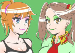 2girls alternate_version_available bare_shoulders big_breasts bimbo blue_hair brown_eyes brown_hair eyelashes eyeshadow female female_only green_lipstick group gundam gundam_build_fighters gundam_build_fighters_try headband hoshino_fumina human lipstick looking_at_viewer makeup multiple_females multiple_girls pink_lipstick red_hair sazaki_kaoruko shiny shiny_skin short_hair simple_background tied_hair twintails zxcv