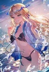 ai_generated bikini bikini_top_removed cartethyia_(wuthering_waves) female female_focus happy_female raaicave sky_background sunset wuthering_waves