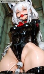 ? ahoge ai_generated animal_ears aqua_eyes arms_behind_back ball_gag bangs bathroom blush bondage bondage boots bound braid breasts cuckingmama eyebrows_visible_through_hair fake_tail female fox_ears fox_girl fox_tail gag gagged green_eyes indoors locker long_hair object_insertion saliva sex_toy shirakami_fubuki side_braid single_braid solo tagme tail thighhighs thighs virtual_youtuber wall white_hair