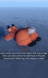 3d ass ass_focus ass_out canine english_text femboy fox frozen furry furry_only idksterling joke_art lake male male_only naked nekomaniaa partially_submerged pov roblox roblox_avatar robloxian self_upload tail thighs winter