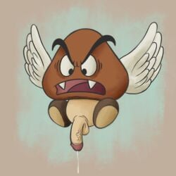 1boy angry angry_face anthro balls bodily_fluids brown_body cum cumdrip ejaculation fangs full_body genitals goomba greengiant7186 humanoid_genitalia humanoid_penis looking_down looking_down_at_penis male male_only mario_(series) nintendo open_mouth paragoomba penis solo solo_male super_mario_bros. teeth tongue wings