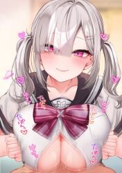 1boy blush bow bowtie breasts brown_sailor_collar closed_mouth collarbone commentary_request female festa11307070 grey_hair grey_serafuku heart huge_breasts long_hair looking_at_viewer nijisanji paizuri pink_bow pink_bowtie pink_eyes sailor_collar school_uniform serafuku short_sleeves smile solo_focus sukoya_kana sukoya_kana_(3rd_costume) translation_request twintails virtual_youtuber