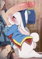 abs anthro balls biped blush bodily_fluids bottomless clothed clothing dagasi duo emul_(shangri-la_frontier) erection female fur genital_fluids genitals glans hi_res human humanoid_genitalia humanoid_penis lagomorph leporid licking male male/female mammal oral penile penis penis_lick precum rabbit red_eyes sex shangri-la_frontier short_tail sunraku tail tongue tongue_out white_body white_fur white_tail