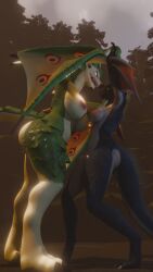 anger anthro big big_ass big_breasts bigger_dom black_fur blender breasts female fighting green_scales monster_girl monster_hunter nargacuga nudity rathian slim strikefrommidnight wings