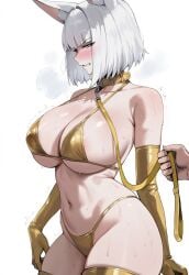 1boy ai_assisted ai_generated angry areolae azur_lane bikini blue_eyes blush breasts elbow_gloves embarrassed female fox_ears fox_girl golden_bikini highleg_bikini huge_breasts kaga_(azur_lane) leash leash_and_collar leash_pull leashed_collar male sweaty thighhighs trembling truck-kun_art truck_kun white_hair