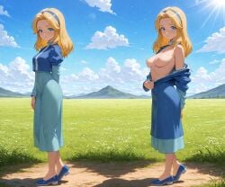adult ai_generated big_breasts blonde_hair dress field fit fit_female hairband looking_at_viewer maria_robotnik mature_female nsfwgens request sonic_(series) split_screen tight_clothing undressing