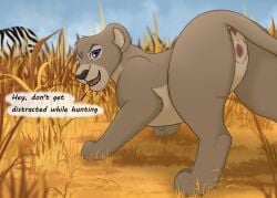 animal_genitalia animal_pussy anus demonstration dialogue digital_drawing_(artwork) digital_media_(artwork) disney dry_grass fan_character felid feline feline_genitalia feline_pussy female female_feral feral feral_pred fur genitals grass grass_field grey_body grey_fur hi_res hunting lion looking_at_viewer looking_back mammal miuyki pantherine plant purple_eyes pussy rear_view shaded solo stripes teasing teasing_viewer text the_lion_guard the_lion_king