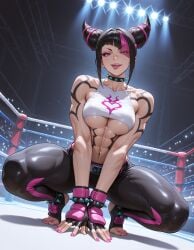 abs ai_generated anklet asymmetrical_bangs bangs belt benj17 black_hair bracelet breasts capcom cleavage clothed collar crowd feet fighting_ring fingerless_gloves full_body gloves hair_horns head_tilt juri_han large_breasts looking_at_viewer muscular muscular_female muscular_thighs nail_polish navel pink_eyes pink_hair pink_nails seductive_look sidelocks smile spiked_anklet spiked_bracelet spiked_collar spotlights squatting stirrup_legwear streaked_hair street_fighter street_fighter_6 tattoo thick_thighs tight_clothing toes tongue tongue_out two_tone_hair underboob undercleavage