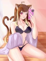 1girls 2d 2d_(artwork) alternate_costume animal_ears animal_tail anime_onegai black_underwear bra brown_hair cat_ears cat_tail catgirl cellphone curtains fanart fanart_from_twitter female female_focus female_only front_view heart-shaped_pupils high_resolution highres holding_object holding_phone indoors lagh25 latam_virtual_youtuber light_skin light_skinned_female long_hair nekomata neo_dengeki nyu_vtuber one_eye_closed room selfie solo solo_female solo_focus thong two_tone_hair underwear virtual_youtuber vtuber vtuberfanart yellow_hair young younger_female