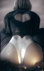 1girls 3d ass big_ass city clothing destruction female female_only giantess honey_select huge_ass junejukes light-skinned_female light_skin macro nier nier:_automata rear_view short_hair sitting solo white_hair yorha_2b