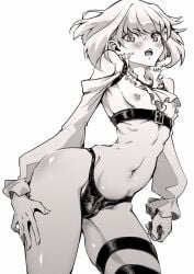 1boy androgynous bondage_gear bulge clothing embarrassed femboy lio_fotia male_only monochrome nipples panties pepero_(prprlo) promare solo thick_thighs thighs twink