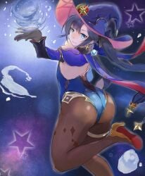 1girls ass ass_focus black_hair blue_eyes female floating fully_clothed genshin_impact hat heels hikaru_(galaxy) leggings long_hair looking_at_viewer magic mona_(genshin_impact) pose powers smile solo star thick_thighs water witch_hat