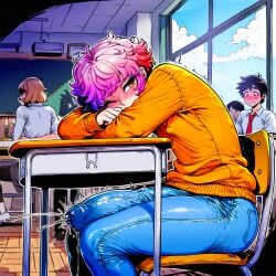 1boy 1femboy 1male accidental_erection aesthetic ai_generated background_characters blush boner bulge bulge_down_leg bulge_through_clothing bulge_under_clothes classroom covered_nipples covered_penis crowd cute_face cute_male desk embarrassed erect_nipples erection erection_under_clothes femboy feminine feminine_faced_male feminine_male furrowed_eyebrows getting_erect head_down head_rest hi_res hiding_erection highres huge_cock hunched_over hung_femboy hung_trap jeans laying_on_desk long_penis male_only multicolored_hair novelai penis penis_bigger_than_arm penis_bigger_than_torso penis_bulge penis_longer_than_body penis_longer_than_knee penis_outline penis_under_clothes pink_hair precum precum_ejaculation precum_string precum_through_clothing public_erection public_indecency school shooting_pre sweater thick_eyelashes thick_outline thick_outlines thick_penis thick_thighs throbbing_penis tomgirl trap virile wardrobe_malfunction well_endowed youreyesonly