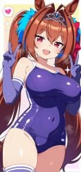 ai_generated animal_ears breasts daiwa_scarlet_(umamusume) female hips horse_girl looking_at_viewer peace_sign pussy red_eyes ribbon_in_hair school_swimsuit socks tiara twintails umamusume umamusume_pretty_derby