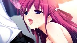 1boy :o belt black_belt black_pants blue_eyes bow clothed_male_nude_female condom cum cum_on_chest curtains drinking_from_condom dutch_angle female from_side fumio_(ura_fmo) furrowed_brow game_cg gokkun grisaia_(series) grisaia_no_meikyuu hair_rings hairbow indoors kazami_yuuji light_blush long_hair looking_at_another looking_up non-web_source nude official_art open_mouth out_of_frame pants portrait raised_inner_eyebrows red_hair shirt solo_focus sparkling_eyes suou_amane sweat used_condom white_bow white_shirt