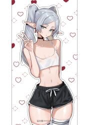 choker frieren gray_hair green_eyes heart huge_thighs navel small_breasts sousou_no_frieren thighs twintails white_hair