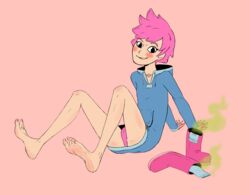 barefoot black_eyes blush cameltoe cock-atrice feet footwear fully_clothed kumatora mother_(series) mother_3 nail_polish panties pink_hair shoes_removed short_hair smell socks socks_removed soles toes underwear upskirt