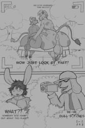 absurd_res anthro anus ass balls big_butt bovid butt_grab canid canine canis demon dennis_(cyds2) domestic_dog femboy genitals giraffe group hame89 hame_the_bull hand_on_butt hi_res hooves horn lagomorph leporid male male/male mammal monochrome nude puffy_anus rabbit saggy_balls sitting tail text