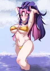 1girls 2d 2d_(artwork) alternate_costume animal_ears arms_behind_head big_breasts bikini bikini_bottom bikini_top blue_hair blush breasts clouds day ear_piercings fanart fanart_from_twitter female female_focus female_only front_view golden_bikini golden_bikini_bottom golden_bikini_top golden_swimsuit high_resolution highres horny_wary latam_virtual_youtuber light-skinned_female light_skin long_hair mole mole_on_breast mole_on_stomach mole_on_thigh mole_under_eye ocean one_eye_closed outdoors panther_ears panther_girl pink_eyes pink_hair ponytail sexy shura_hiwa sky solo solo_female solo_focus standing standing_in_water summer swimsuit thong thong_bikini two_piece_swimsuit two_tone_hair virtual_youtuber vjin vtuber vtuberfanart water young younger_female