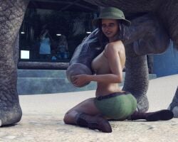 3d 3d_(artwork) 3d_model 3d_render 3dcg 3dx absurd_res animal_genitalia animal_penis audience black_hair boots daz3d daz_studio elephant elephant_penis exhibitionism exhibitionist grey_eyes hands_on_penis holding_penis hugging_penis looking_at_viewer looking_back public public_indecency public_nudity public_sex safari_hat self_upload shocked_bystander smile tanned tanned_female tanned_skin topless wrecked3d zoo zoophilia zoophilia