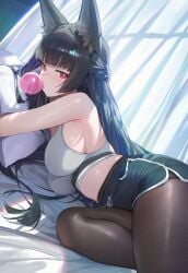 ai_generated black_hair bubblegum curtains daytime hoshimi_miyabi laying_on_bed raaicave sportswear wolf_ears zenless_zone_zero