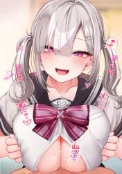 1boy blush bow bowtie breasts brown_sailor_collar collarbone commentary_request fangs female festa11307070 grey_hair grey_serafuku heart huge_breasts long_hair looking_at_viewer nijisanji open_mouth paizuri pink_bow pink_bowtie pink_eyes sailor_collar school_uniform serafuku short_sleeves smile solo_focus sukoya_kana sukoya_kana_(3rd_costume) translation_request twintails virtual_youtuber