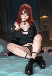 1girls ai_generated black_bra black_eyeshadow black_fishnet_gloves black_fishnet_pantyhose black_fishnet_things black_nails breasts brown_eyes brown_hair brunette_female brunette_hair choker cute_face dim_light female freckles full_body gamer gamer_girl goth gothic_makeup heart_pendant kira_(xcrystallex) long_hair looking_at_viewer medium_breasts medium_tits night no_panties original original_character oversize_t-shirt playing playing_in_game playing_videogame ps4 ps4_controller ps4_gamepad rose_tattoo sitting_on_bed slut_tattoo_on_pubis t-shirt tattoo teenager xcrystallex
