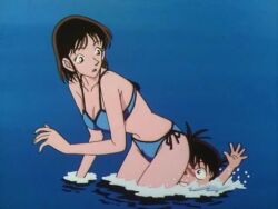 1boy 1girls ass bikini blue_bikini cleavage conan_edogawa detective_conan facesitting ocean older_female_and_younger_male swimsuit tagme water
