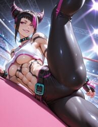 abs ai_generated ass asymmetrical_bangs bangs belt benj17 black_hair black_pants bracelet breasts capcom clothed collar crop_top crowd evil_grin fighting_ring fingerless_gloves gloves hair_horns halterneck juri_han large_breasts latex latex_pants looking_to_the_side lying mischievous_smile nail_polish navel on_side padded_gloves pants pink_eyes pink_hair pink_nails sidelocks smile spiked_bracelet spiked_collar spotlights spread_legs streaked_hair street_fighter street_fighter_6 tattoo thick_thighs tight_clothes two_tone_hair underboob