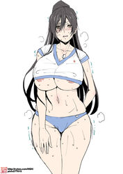 1girls abs areola_slip areolae arm_behind_back artist_request belly big_breasts blue_panties blush breasts brown_hair dog_tags erect_nipples female heart heart-shaped_pupils huge_breasts human idolmaster idolmaster_shiny_colors large_breasts long_hair looking_at_viewer motion_lines navel necklace nipples open_mouth panties ponytail shirase_sakuya shirt skindentation smell source_request standing sweat teeth text trembling underboob undersized_clothes url watermark wet white_background wide_hips yellow_eyes