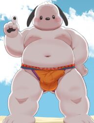 2025 anthro balls_outline belly blush bulge canid canine canis character_request clothing cloud detailed_bulge domestic_dog erection erection_under_clothing genital_outline kemono male mammal meg_hoi moobs navel nipples outside overweight overweight_male penis_outline solo underwear white_body