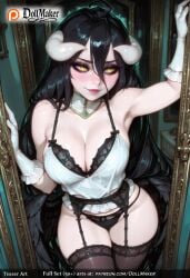 ahoge ai_generated albedo_ albedo_(overlord) arm_up armpits bare_shoulders black_feathers black_hair black_panties black_wings blush breasts cleavage demon_girl demon_horns detached_collar dollmaker dress feathered_wings female garter_belt garter_straps gloves hair_between_eyes horns large_breasts lingerie long_hair looking_at_viewer pale_skin panties slit_pupils smile solo tagme thighhighs thighs underwear very_long_hair white_dress white_gloves wings yellow_eyes