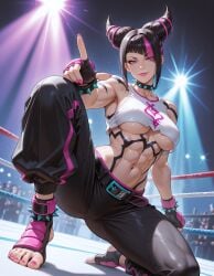 abs ai_generated anklet asymmetrical_bangs bangs belt benj17 biceps black_hair bracelet capcom collarbone crop_top crowd feet fighting_ring front_view full_body gesture hair_horns juri_han kneeling lipstick looking_at_viewer makeup midriff muscular muscular_thighs nail_polish navel pink_eyes pink_hair pink_lipstick pink_nails pointing sidelocks smile spiked_anklet spiked_bracelet spotlights stirrup_legwear streaked_hair street_fighter street_fighter_6 tank_top toenail_polish toes two_tone_hair underboob