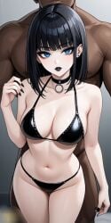 ai_art ai_generated bangs black_eyeshadow black_hair black_lipstick black_nails blue_eyes choker dark-skinned_male dark_skin ear_piercing feeling_pleasured goth goth_girl gothic gothic_girl imminent_sex leather_bikini looking_at_viewer male_bottom medium_breasts pale_skin pleasure_face pleasured pleasured_female thong thong_bikini