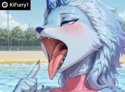 ai_generated anthro blue_fur blue_hair close-up face_focus female female_focus female_only furry kifurry1 mouth_fetish open_mouth outdoors short_hair skinny skinny_girl small_breasts swimsuit tail upper_body