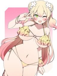 absurdres alternate_version_available bikini blonde_hair blush bra breasts collarbone fangs female frilled_bra frills gradient_hair green_eyes highres hololive hololive_gen_5 hololive_japan kuma_no_bansoukou large_breasts long_hair looking_at_viewer momosuzu_nene multicolored_hair one_eye_closed open_mouth swimsuit underwear v virtual_youtuber wink yellow_bikini