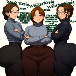 ai_generated ass big_ass braided_hair braided_ponytail brothers brown_hair civitai curvy curvy_figure fat_ass fat_butt femboy flare_pants gay glasses huge_ass jonnidabun light-skinned_male male thick_thighs wade_(jonnidabun) walter_(jonnidabun) winston_(jonnidabun)