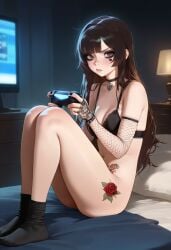 1girls ai_generated black_bra black_eyeshadow black_fishnet_gloves black_fishnet_pantyhose black_fishnet_things black_nails bottomless breasts brown_eyes brown_hair brunette_female brunette_hair choker cute_face dim_light female freckles full_body gamer gamer_girl goth gothic_makeup heart_pendant kira_(xcrystallex) long_hair looking_at_viewer medium_breasts medium_tits navel night no_panties original original_character oversize_t-shirt playing playing_in_game playing_videogame ps4 ps4_controller ps4_gamepad rose_tattoo sitting_on_bed slut_tattoo_on_pubis socks t-shirt teenager xcrystallex