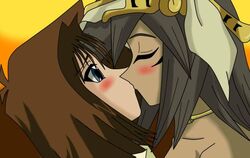 artist_request bare_shoulders black_hair blue_eyes blush brown_hair closed_eyes dark-skinned_female dark_skin duo egyptian female hat human human_only interracial jewelry kissing looking_at_viewer mana_(yu-gi-oh!) multiple_females mutual_yuri neck necklace short_hair surprised tea_gardner upper_body yu-gi-oh! yuri