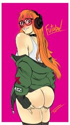 blush butt fakeryway glasses holding_butt leaking_pussy megami_tensei orange_hair persona persona_5 pinup pleasure_castle sakura_futaba