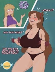 2girls_1boy blonde_hair blunt_bangs braces breast_envy brown_eyes brown_hair female gravity_falls green_background honeyshot huge_breasts long_hair mabel_pines male medium_breasts pacifica_northwest simple_background sports_bra surprised underdressing