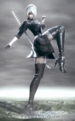 1girls 3d big_breasts blindfold breasts city clothed clothing female female_only giantess hairband honey_select junejukes light-skinned_female light_skin macro nier nier:_automata short_hair solo thighhighs white_hair yorha_2b